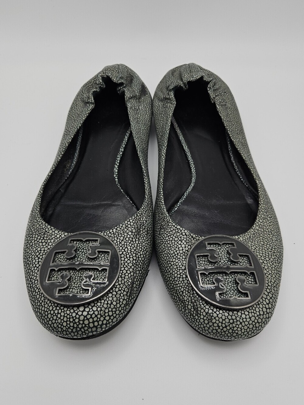 Tory Burch green speckled Reva flats with gray medallion size 10.5
